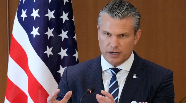 U.S. Defense Secretary Pete Hegseth speaks during a joint press conference with Japan's Defense Minister Shinjiro Koizumi in Tokyo Wednesday, Oct. 29, 2025. (AP Photo/Eugene Hoshiko, Pool)
