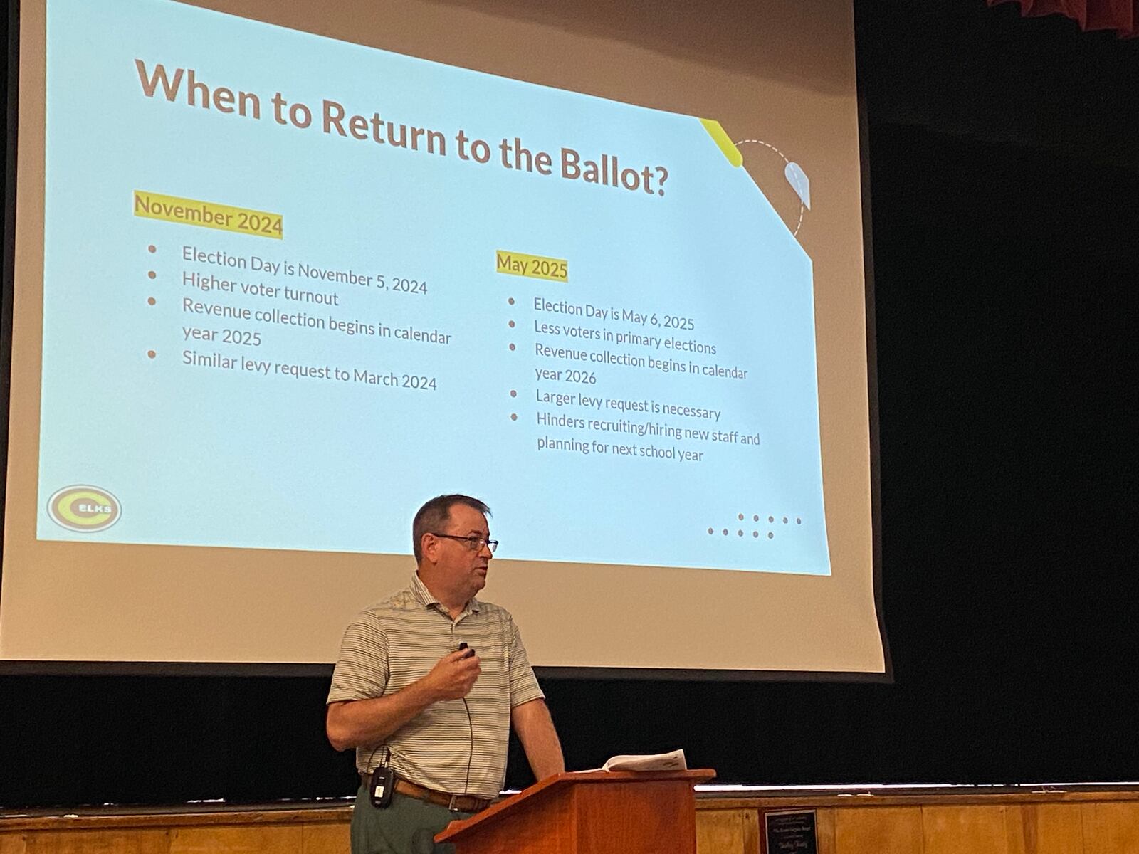 Centerville City Schools Superintendent Jon Wesney discusses possible levy options during a community forum in the auditorium of Cline Elementary School Wednesday, July 10, 2024. ERIC SCHWARTZBERG/STAFF