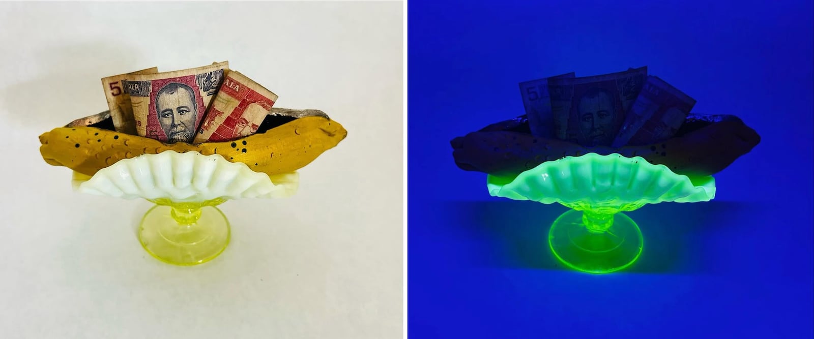 Erika NJ Allen, 'Domestic Fallout, 1837-1901', 2025, Uranium glass, stoneware, porcelain, underglae, glaze, clear glossy banana glaze, 24k golf luster, decayed banana flowers, black light, and Guatemalan Quetzales. The uranium emits a radioactive glow when illuminated with blacklight. CONTRIBUTED