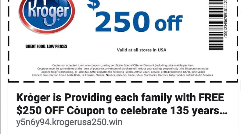An unauthorized coupon for $250 off at Kroger is circulating on Facebook.