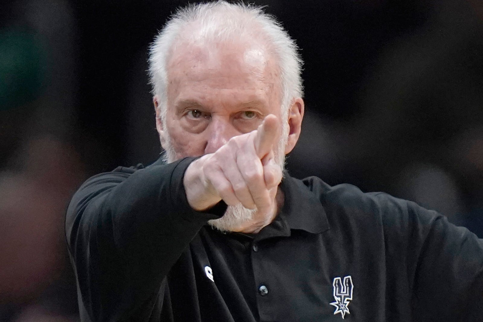 FILE - San Antonio Spurs head coach Gregg Popovich points from the bench in the second half of an NBA basketball game against the Boston Celtics, Sunday, March 26, 2023, in Boston. (AP Photo/Steven Senne, File)