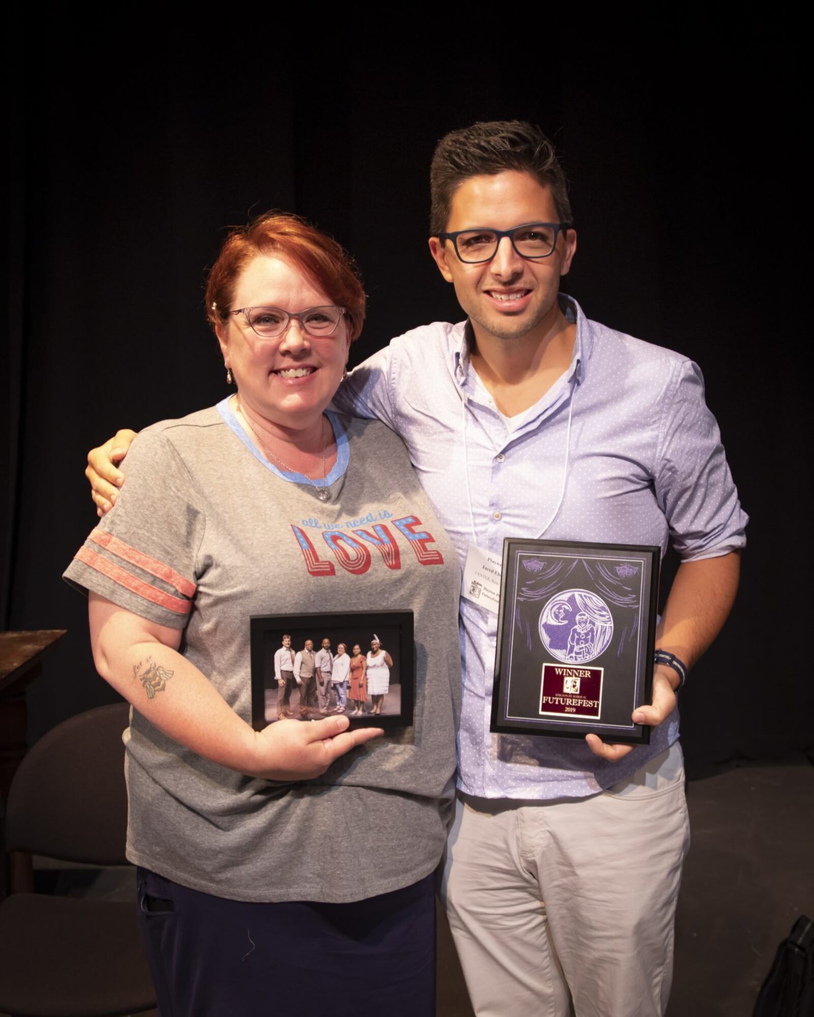 Winning playwright Jared Eberlein of Massachusetts is pictured with Dawn Roth-Smith, who directed his play, “Fall With Me” at Dayton’s FutureFest. CONTRIBUTED PHOTO BY ART FABIAN