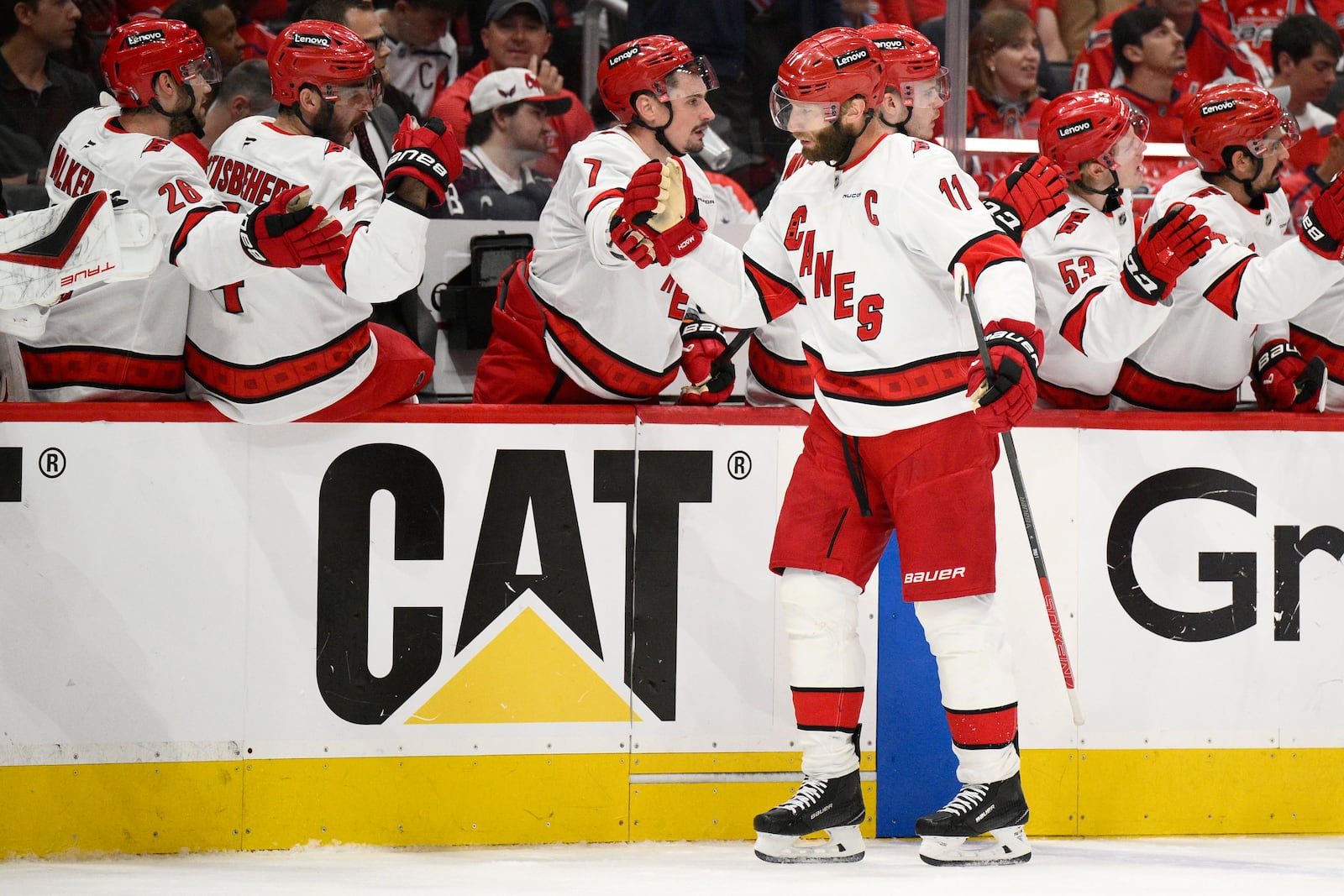 Carolina Hurricanes center Jordan Staal (11) celebrates his goal in the first period of Game 5 of a second-round NHL hockey playoff series against the Washington Capitals Thursday, May 15, 2025, in Washington. (AP Photo/Nick Wass)