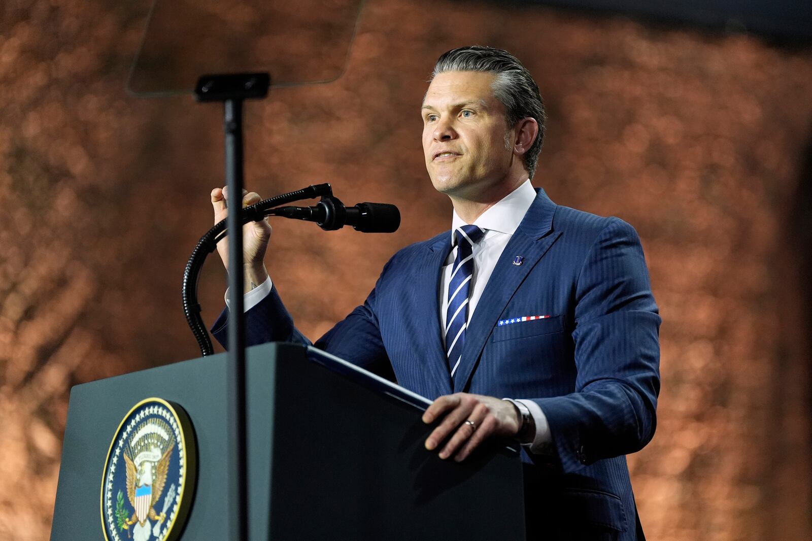 U.S. Secretary of Defense Pete Hegseth speaks at the Al Udeid Air Base, Thursday, May 15, 2025, in Doha, Qatar. (AP Photo/Alex Brandon)