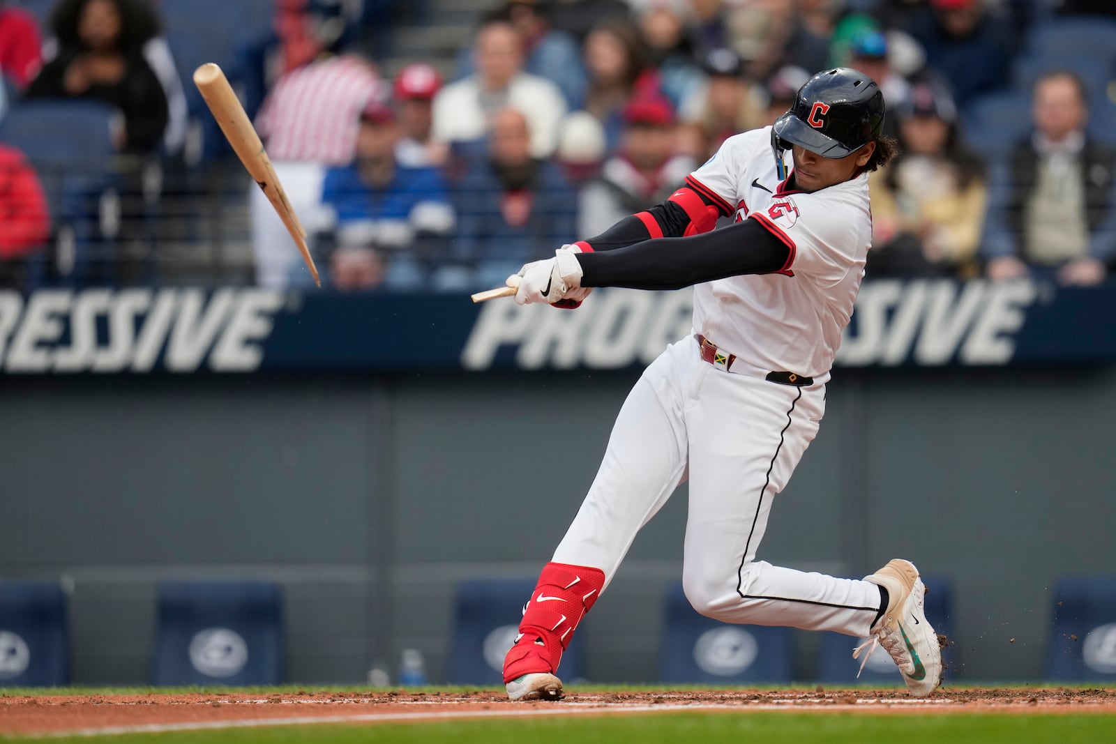 Cleveland Guardians' Bo Naylor breaks his bat as he grounds out in the third inning of a baseball game against the Minnesota Twins in Cleveland, Wednesday, April 30, 2025. (AP Photo/Sue Ogrocki)