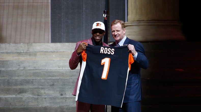 PHILADELPHIA, PA - APRIL 27: (L-R) John Ross of Washington poses with Commissioner of the National Football League Roger Goodell after being picked #9 overall by the Cincinnati Bengals during the first round of the 2017 NFL Draft at the Philadelphia Museum of Art on April 27, 2017 in Philadelphia, Pennsylvania. (Photo by Jeff Zelevansky/Getty Images)