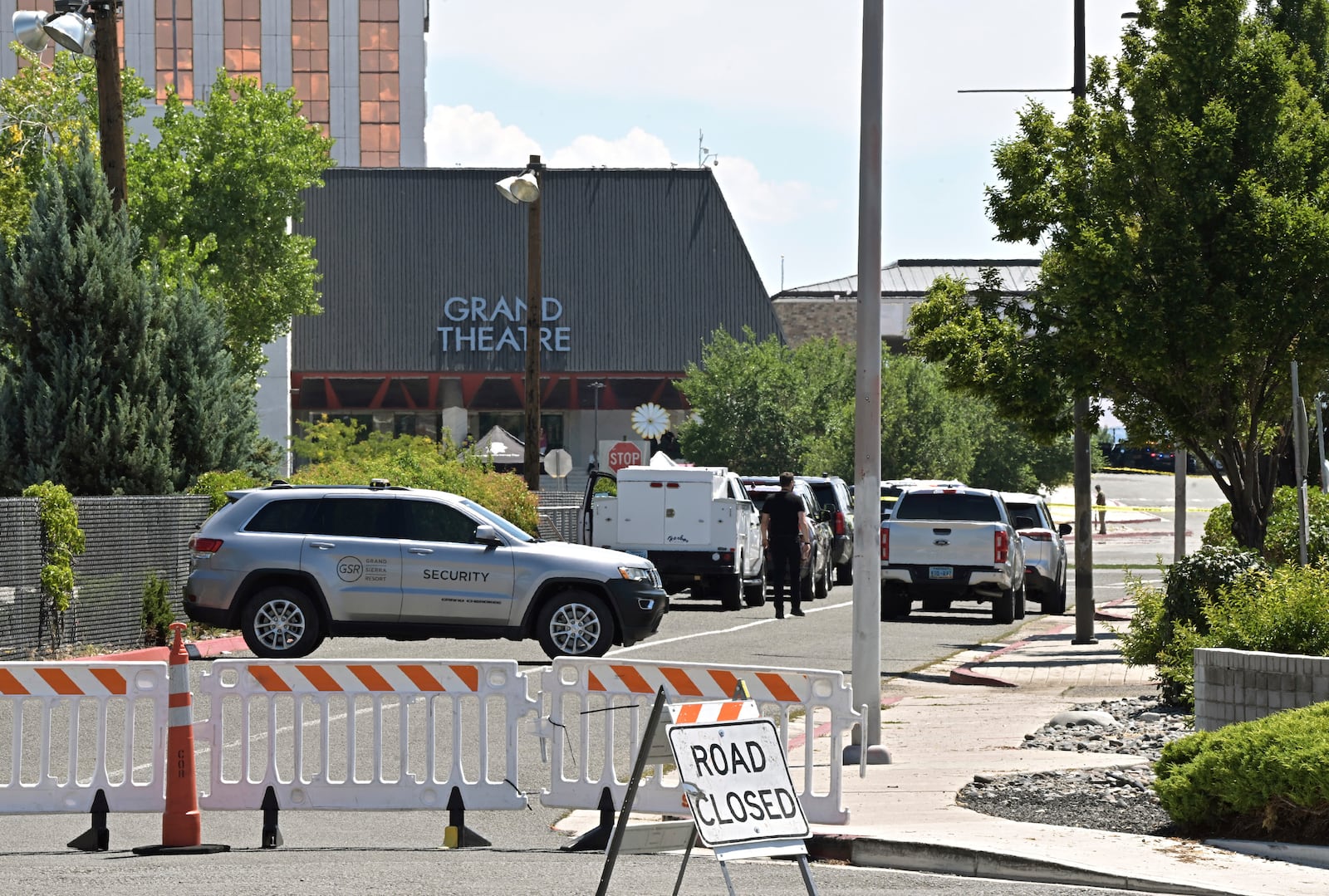 An entrance to the Grand Sierra Resort is closed after a shooting occurred at the resort in Reno, Nev., Monday, July 28, 2025. (AP Photo/Andy Barron)
