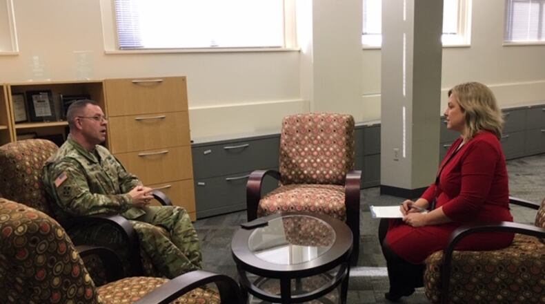 Col. Daniel Shank, the new assistant adjutant general-Army for Ohio and commander of the Ohio Army National Guard, being interviewed Monday by Gabrielle Enright, WHIO-TV anchor and reporter.