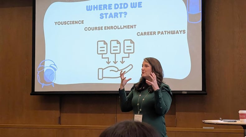 Katie Grothaus presenting the YouScience platform and the work she does at Sinclair Community College's Success Bound Conference this year.