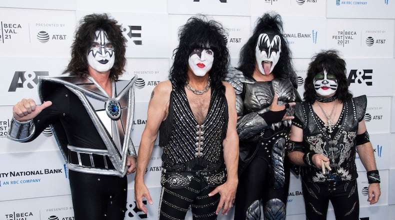 Members of the band Kiss, from left, Tommy Thayer, Paul Stanley, Gene Simmons and Eric Singer attend the premiere of A&E Network's "Biography: KISStory" during the 20th Tribeca Festival at Battery Park on Friday, June 11, 2021, in New York. (Photo by Charles Sykes/Invision/AP)