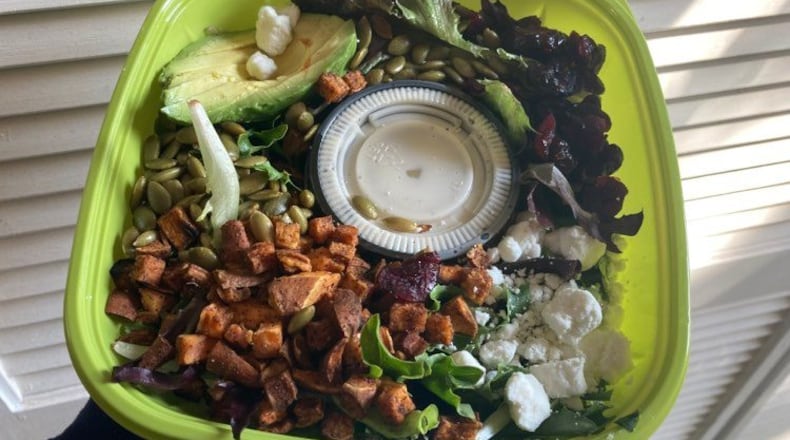 Salad Sage and In-n-Out Java are two separate business concepts at 2244 Wilmington Pike in Kettering, both locally owned and operated by the husband and wife team of Benjamin and Kristen Walters. The building has no on-site indoor or outdoor seating, but instead operates with a drive-thru-only model.