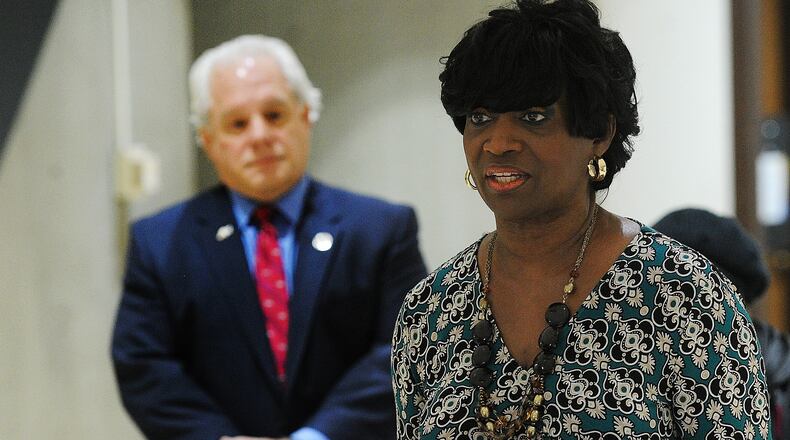 Mary McDonald held a press conference Monday, Jan. 29, 2024 at the Montgomery County administrative building regarding the decision of the Ohio Secretary of State on the challenge to her candidacy for Montgomery County Commission. MARSHALL GORBY\STAFF