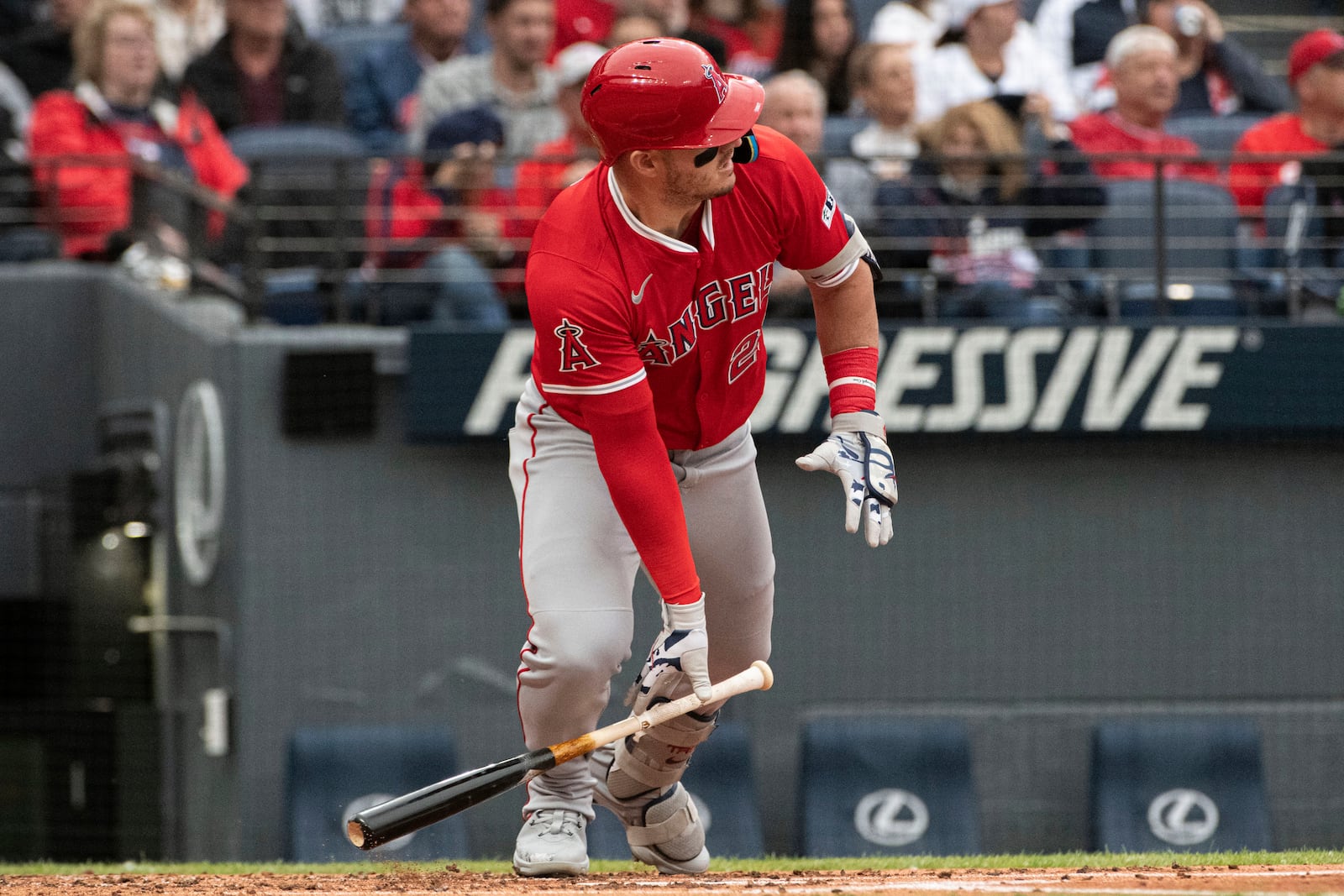 Los Angeles Angels' Mike Trout watches his flyout during the first inning of a baseball game against the Cleveland Guardians, Friday, May 30, 2025, in Cleveland. (AP Photo/Phil Long)