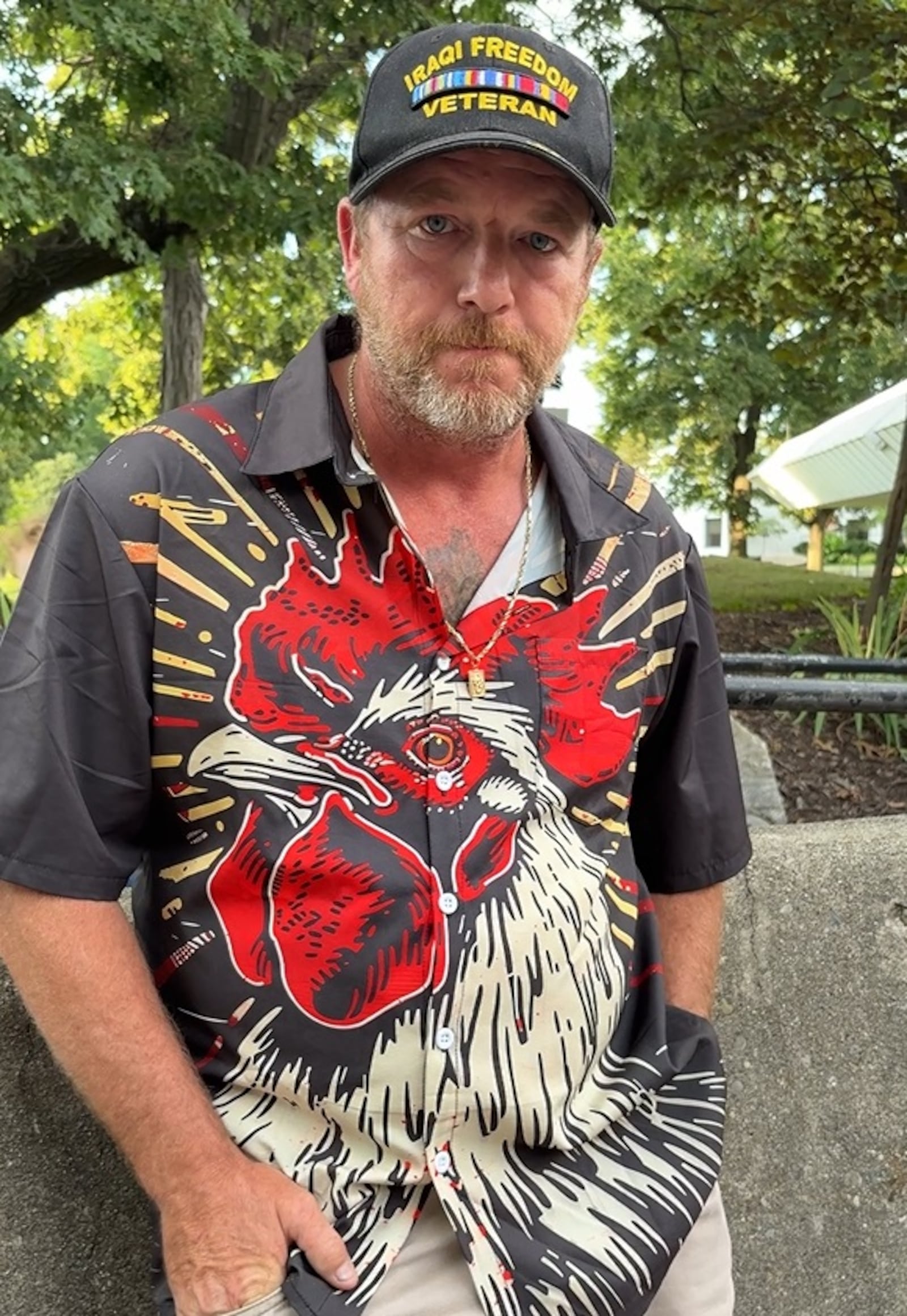 Outside the Kettering Government Center following a ruling against his backyard chickens Monday, Aug. 11, 2025, veteran Todd Combs said he will appeal to Kettering City Council. JEN BALDUF/STAFF