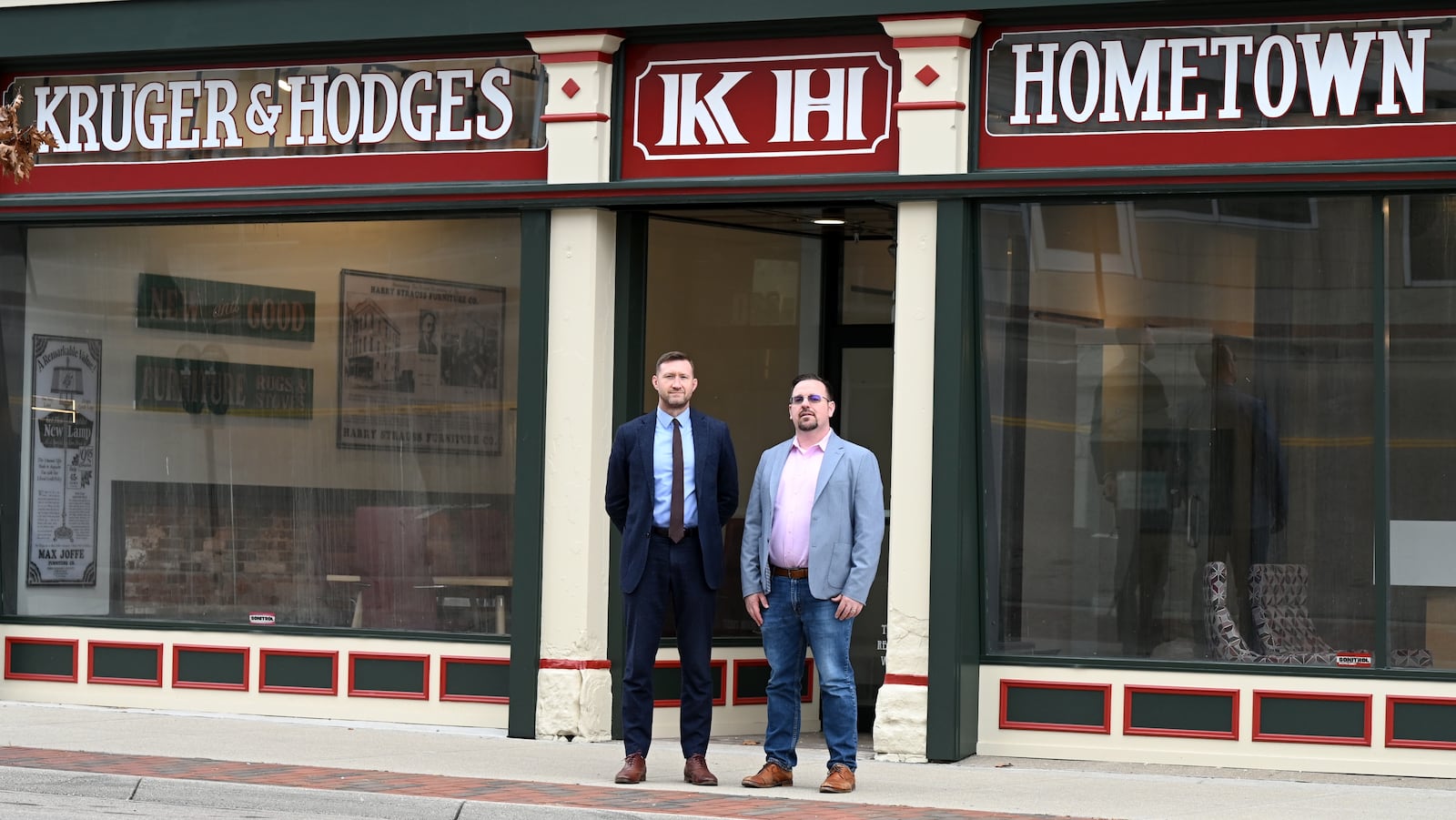 Scott Kruger (left) and Josh Hodges stand outside their new law office, Kruger & Hodges at the corner of South Third and Ludlow streets on Nov. 24, 2025, in Hamilton. MICHAEL D. PITMAN/STAFF