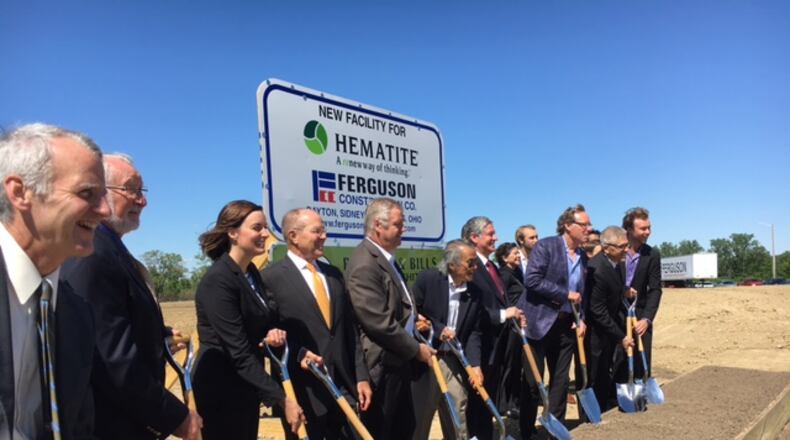 Public officials and leaders of auto parts manufacturer Hematite prepare to “break ground” on Hematite’s planned 106,000-square-foot facility off Lau Parkway in Englewood. A hundred people are expected to work at the $18 million plant. THOMAS GNAU/STAFF