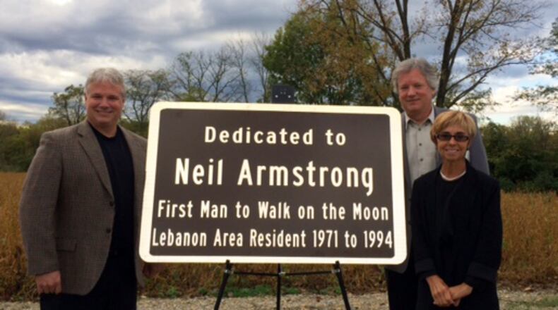 Development is proposed at the corner of Ohio 63 and Neil Armstrong Way, opened in 2014 in Lebanon. In this file photo, Mark Armstrong (left) and Rick Armstrong were shown with Lebanon Mayor Amy Brewer in a ceremony honoring Neil Armstrong Way.