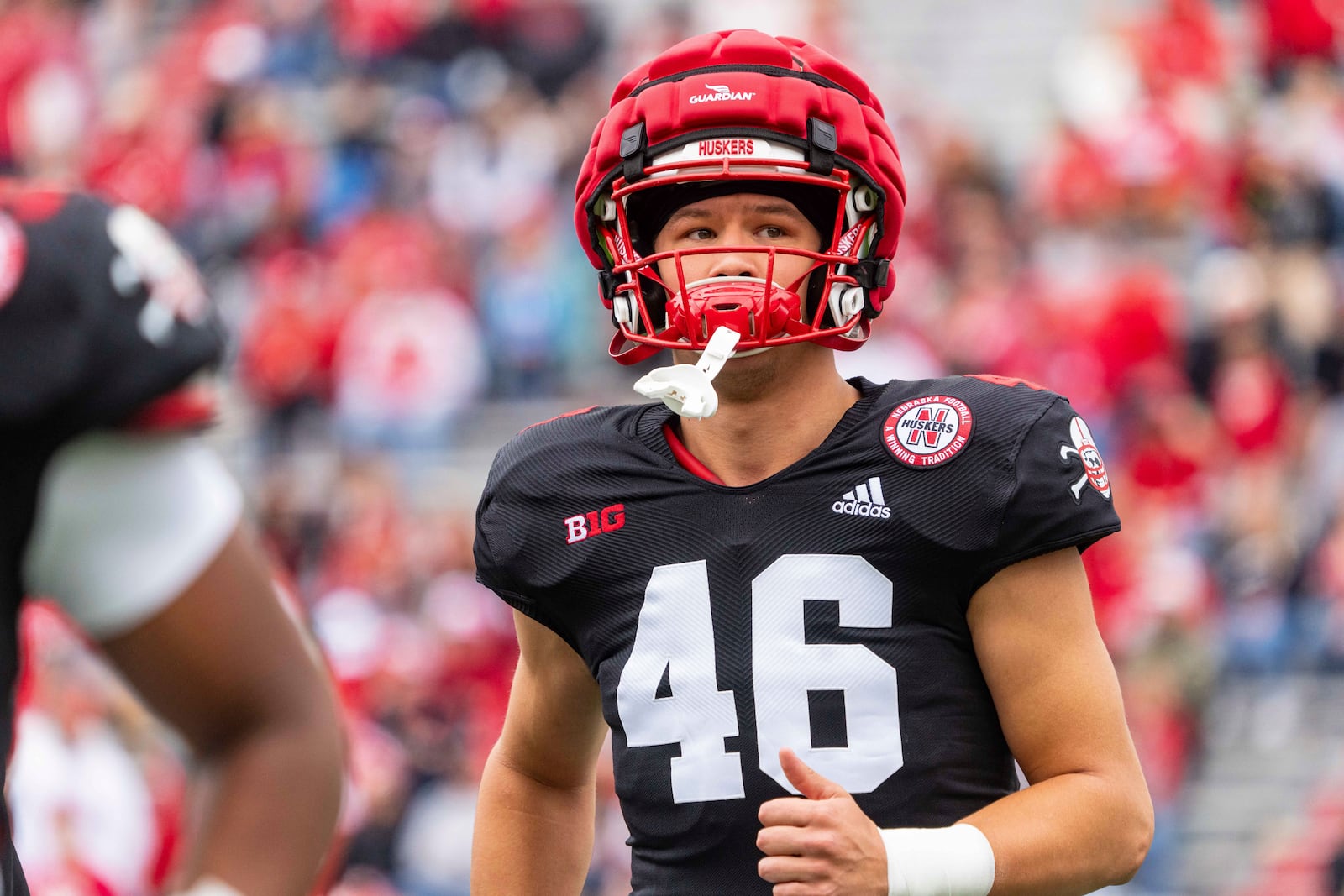 Nebraska defensive lineman Connor Schutt (46) warms up during an NCAA college football practice Saturday, April 26, 2025, in Lincoln, Neb. (AP Photo/Dylan Widger)