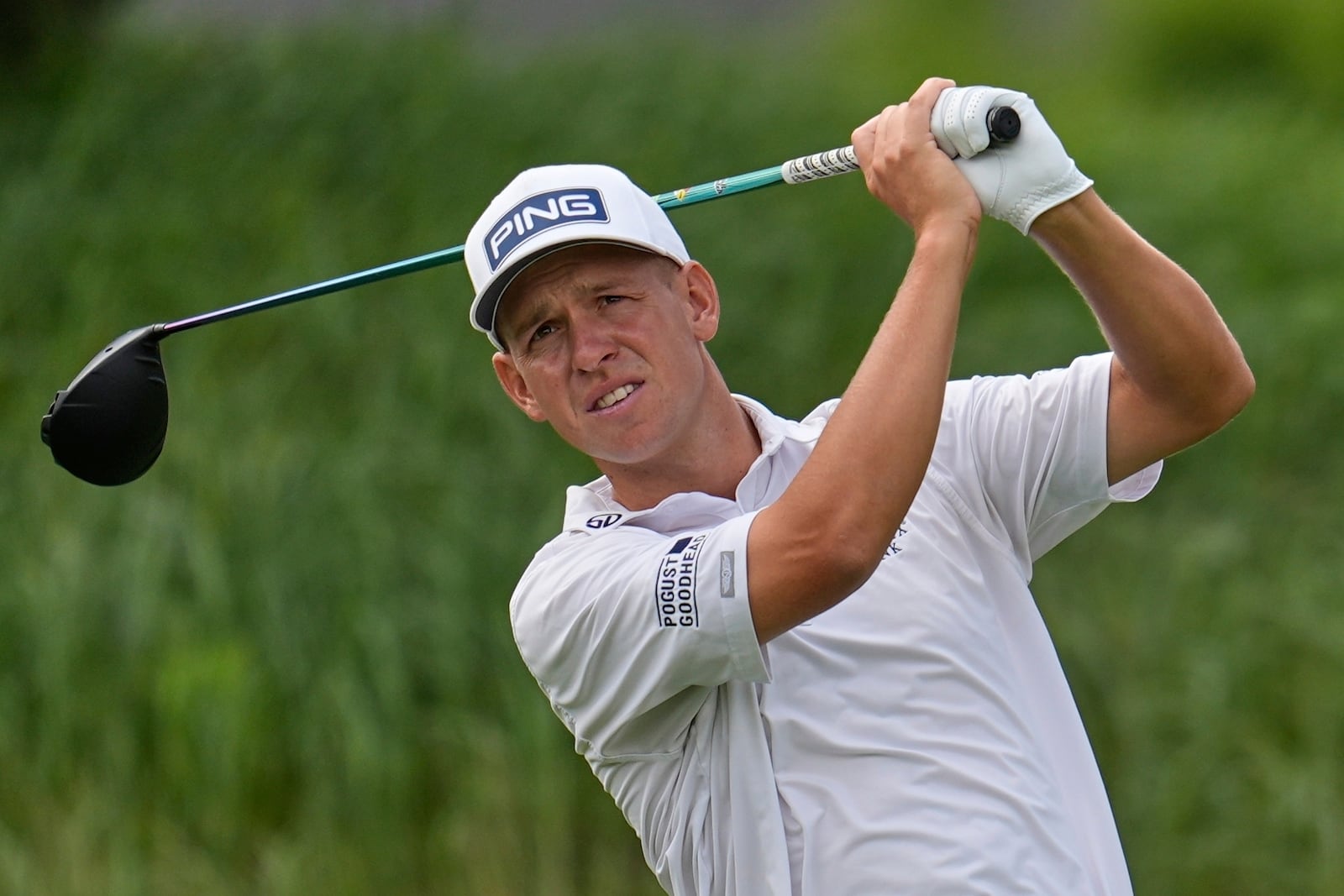 Sam Stevens hits from the 12th tee during the first round of the 3M Open golf tournament at the Tournament Players Club Thursday, July 24, 2025, in Blaine, Minn. (AP Photo/Abbie Parr)