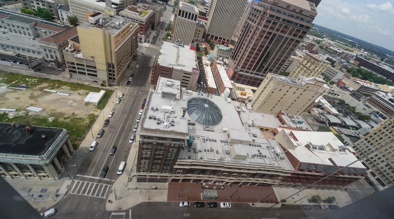 Here’s a late June 2024 look at construction progress at The Deneau Tower, located at 40 W. Fourth St. in downtown Dayton. Formerly known as the Grant-Deneau Tower, the 22-story former office building was constructed in 1969. Columbus-based project developer The Windsor Companies are currently renovating the tower into a mixed-use space which includes approximately 150 luxury apartments, three floors of office space and more than 5,200 square feet of retail space. Construction is expected to be completed in 2025. TOM GILLIAM / CONTRIBUTING PHOTOGRAPHER