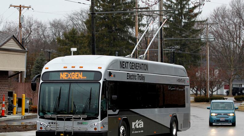 The NexGen electric trolley reaches the end of the route 5 trolley line on Southmoor Circle in Kettering. LISA POWELL / STAFF