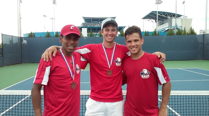 From left, Miami Valley’s Makul Sharma, Reece Quigley and Colton Morehart. Makul and Reece placed fourth in D2 doubles and Colton was third in D2 singles. CONTRIBUTED