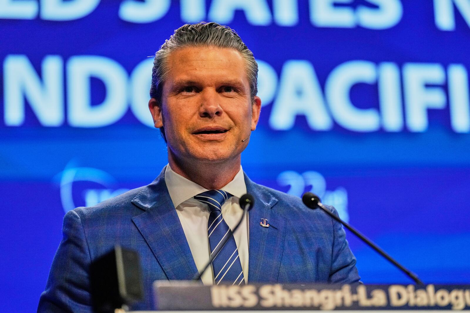 U.S. Defense Secretary Pete Hegseth delivers his speech during 22nd Shangri-La Dialogue summit in Singapore,Saturday, May 31, 2025. (AP Photo/Anupam Nath)