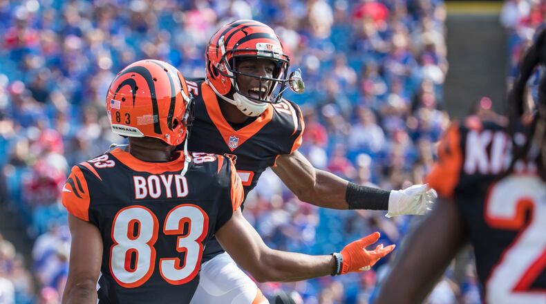 ORCHARD PARK, NY - AUGUST 26: John Ross #15 of the Cincinnati Bengals celebrates a touchdown reception with Tyler Boyd #83 during the first quarter of a preseason game against the Buffalo Bills at New Era Field on August 26, 2018 in Orchard Park, New York. (Photo by Brett Carlsen/Getty Images)