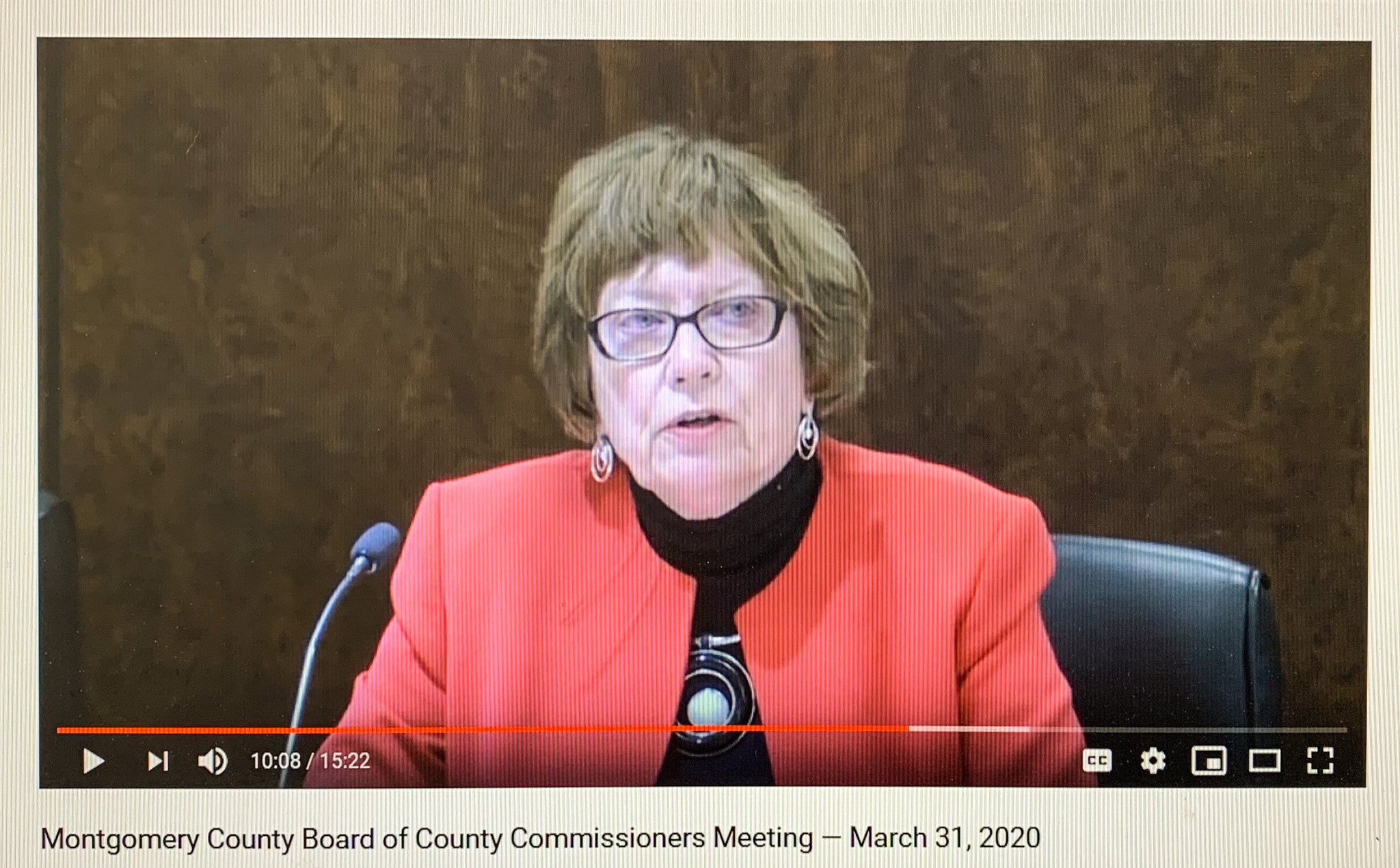 Montgomery County Commission President Judy Dodge is seen via an online video during the March 31 commission meeting. The county is moving all meetings to a video conference platform during the coronavirus epidemic. CHRIS STEWART / STAFF