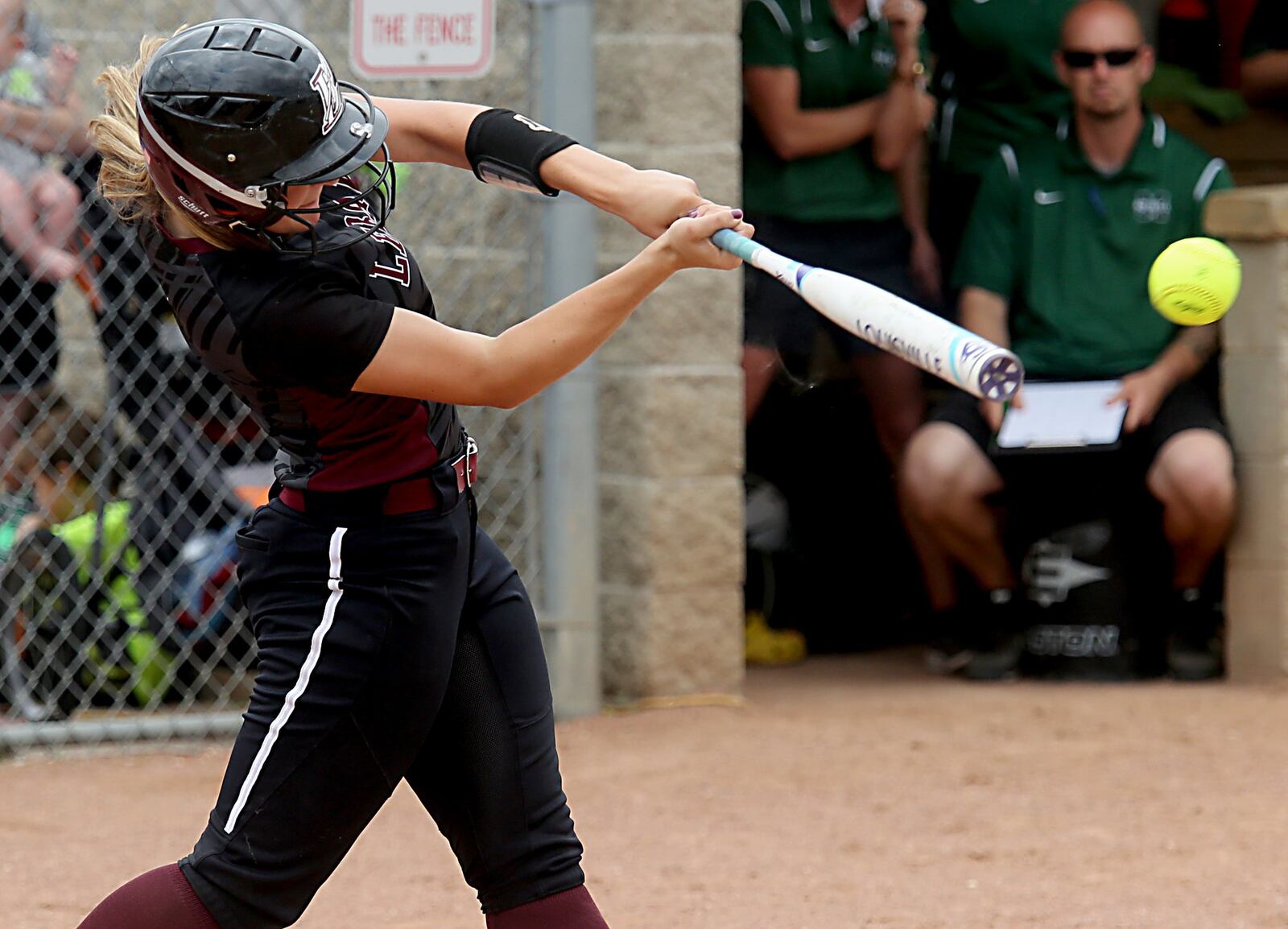 Lebanon’s Grace Gressly drives in a run against Mason on Sunday during a Division I regional final at Kings. CONTRIBUTED PHOTO BY E.L. HUBBARD