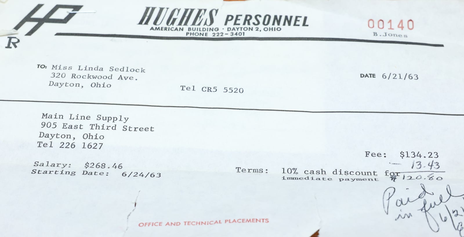 Linda Zierolf has saved her receipt from a employment placement agency from over 60 years ago. Each year on her anniversary, she jokingly presents it to Michael O'Brien, Main Line's CEO, and asks to be reimbursed for the cost of being referred to the company. BRYANT BILLING / STAFF