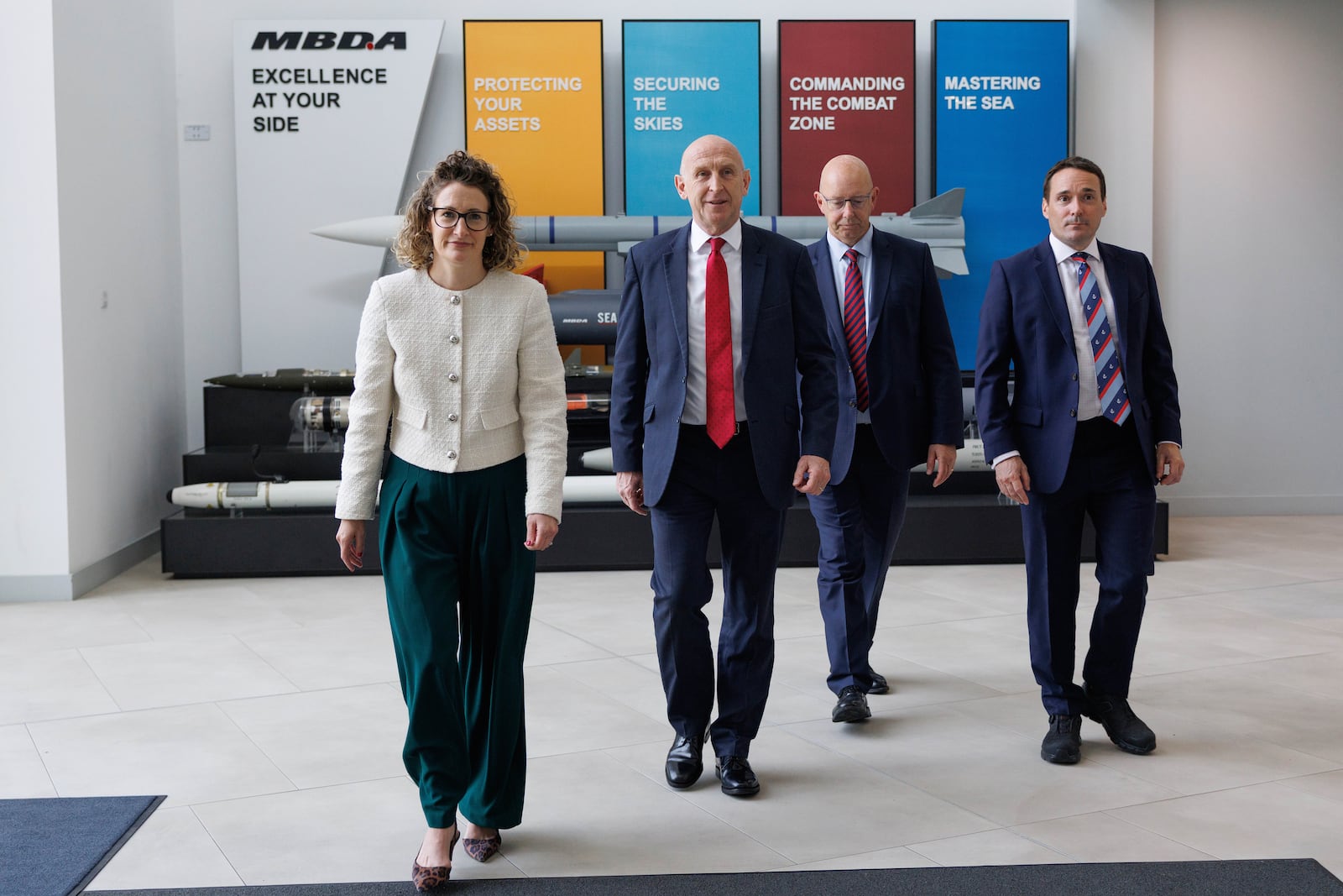 Britain's Defence Secretary John Healey, second left, visits the MDBA Storm Shadow factory in Stevenage, England, Saturday May 31, 2025. (Dan Kitwood/Pool via AP)