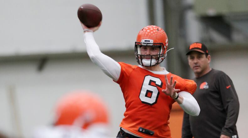 Cleveland Browns quarterback Baker Mayfield throws during rookie minicamp at the NFL football team's training camp facility, Friday, May 4, 2018, in Berea, Ohio. (AP Photo/Tony Dejak)