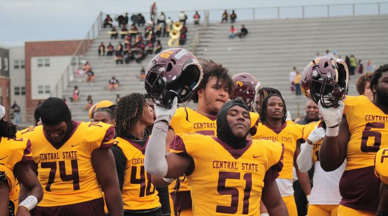 Central State's Chazz Hunter (51) celebrates the team's first home victory in three years Saturday vs. Kentucky State. Central State Athletics photo