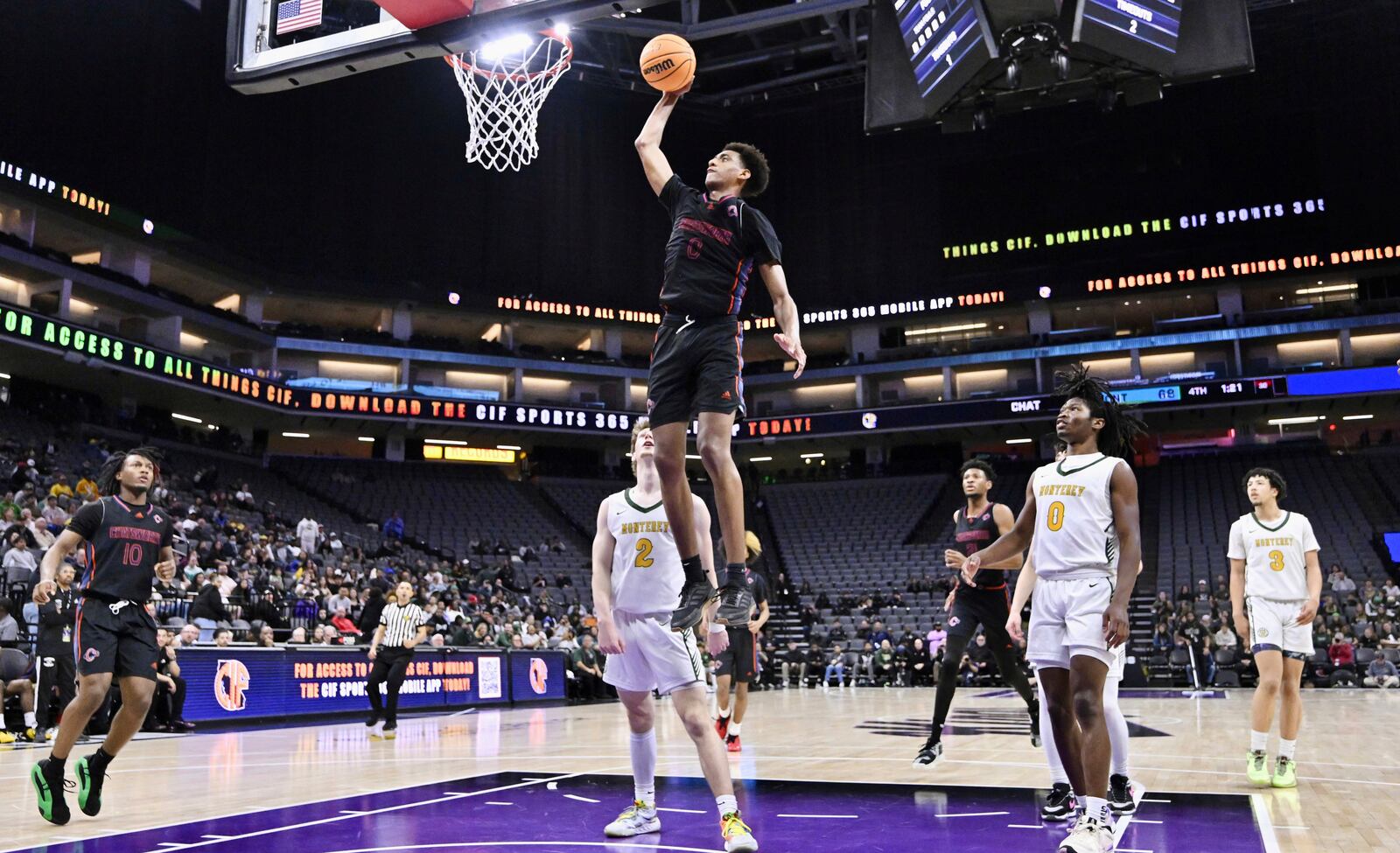 Chatsworth High School basketball player Alijah Arenas goes up for a dunk against Monterey in a boys CIF State Division IV championship basketball game in Sacramento, Saturday, March 9, 2024. (Keith Birmingham/The Orange County Register via AP)