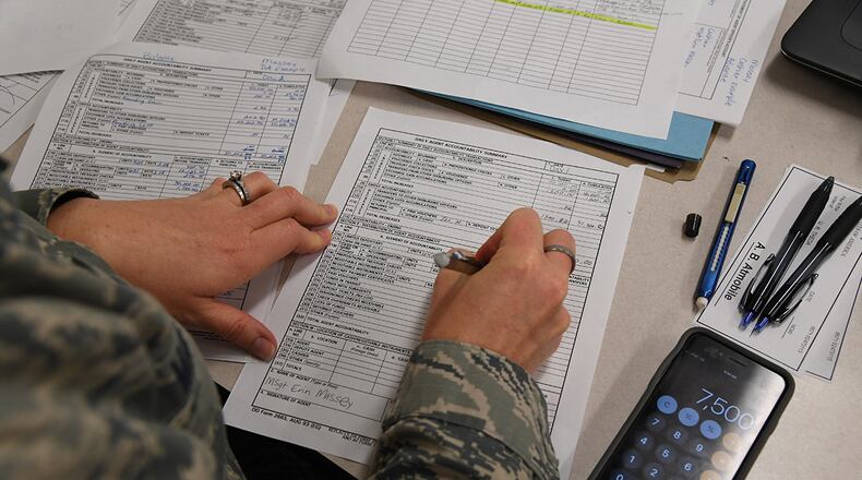 Master Sgt. Erin Massey, 335th Training Squadron student, completes class work for the finance management course inside Allee Hall at Keesler Air Force Base, Miss., Feb. 3. This course, which graduated 220 students this past year, takes nine academic days to complete. Approximately 7,400 students go through the 335th TRS’s 13 Air Force specialty codes each year. (U.S. Air Force photo/Kemberly Groue)