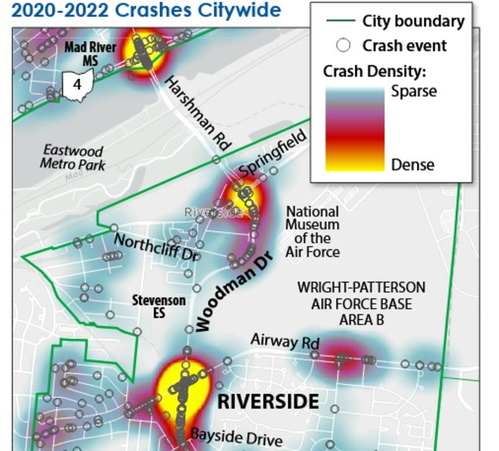 A map showing hot spots for traffic crashes along Woodman Drive (Harshman road). CONTRIBUTED