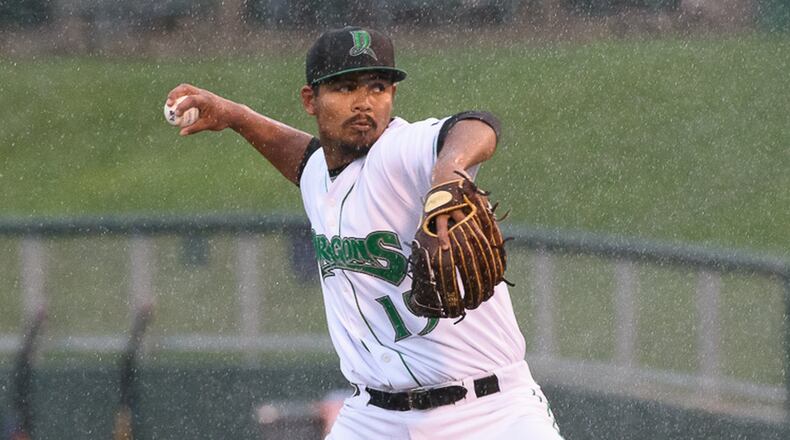Dragons pitcher Tony Santillan throws a pitch during the first inning of the team’s season opener against Lake County on Thursday night at Fifth Third Field. Santillan picked off two batters in the second inning. BRYANT BILLING / CONTRIBUTED