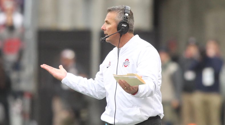 Ohio State’s Urban Meyer reacts to a play during the first half against Penn State on Saturday, Oct. 28, 2017, at Ohio Stadium in Columbus. David Jablonski/Staff