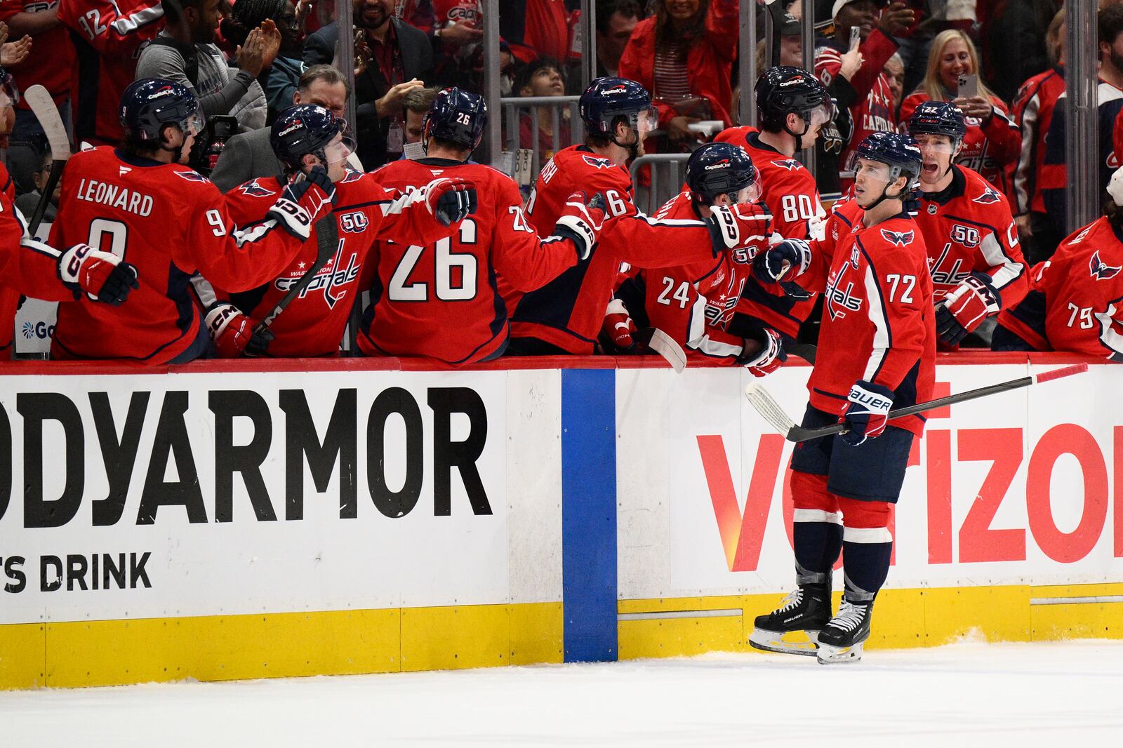 Washington Capitals left wing Anthony Beauvillier (72) celebrates after his goal in the second period of Game 1 of a first-round NHL hockey playoff series against the Montreal Canadiens, Monday, April 21, 2025, in Washington. (AP Photo/Nick Wass)