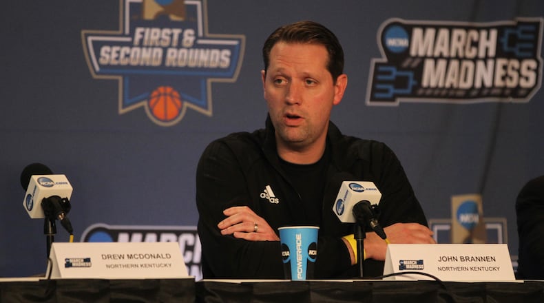 Northern Kentucky’s John Brannen speaks at a press conference before a NCAA tournament practice on Thursday, March 16, 2017, at Bankers Life Fieldhouse in Indianapolis. David Jablonski/Staff