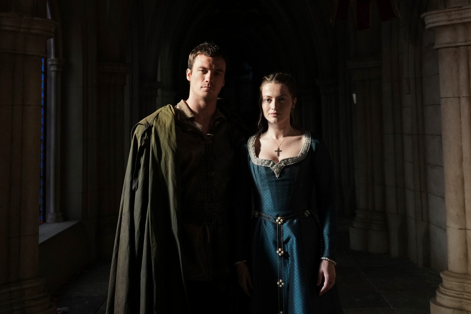 Actor Jack Patten as Robin, left, poses with actor Lauren McQueen as Marian after an interview with The Associated Press about the Robin Hood ten-episode season in Belgrade, Serbia, Monday, May 5, 2025. (AP Photo/Darko Vojinovic)