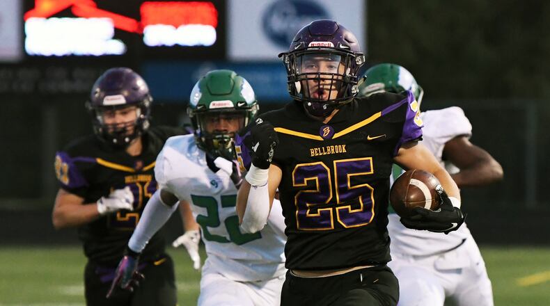 Bellbrook's Ashton Ault rushed for 224 yards and four touchdowns Friday in a 58-0 Division III, Region 12 playoff win over Chaminade Julienne. Nick Falzerano/CONTRIBUTED