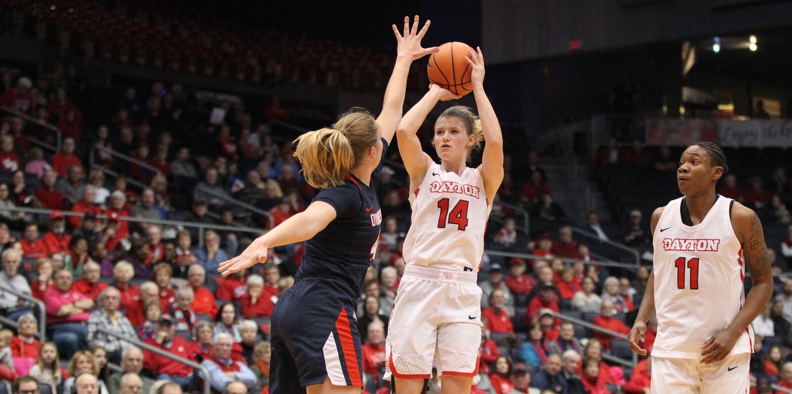 Dayton’s Jenna Burdette shoots against Duquesne on Wednesday, Jan. 31, 2018, at UD Arena. David Jablonski/Staff