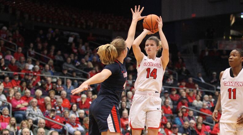 Dayton’s Jenna Burdette shoots against Duquesne on Wednesday, Jan. 31, 2018, at UD Arena. David Jablonski/Staff