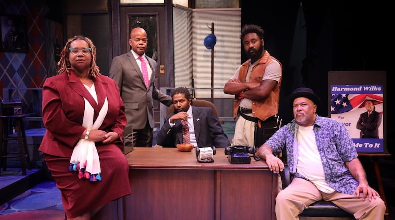Left to right: Jena Perry (Mame Wilks), Lessley Scott (Roosevelt Hicks), S. Francis Livisay (Harmond Wilks), Andre Tomlinson (Sterling Johnson), and Franklin Johnson (Elder Joseph Barlow) comprise the cast of the Dayton Theatre Guild's production of "Radio Golf." PHOTO BY RICK FLYNN PHOTOGRAPHY