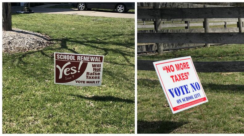 In Lebanon, signs are taking both sides on the renewal tax levy sought by the Lebanon City Schools. STAFF/LAWRENCE BUDD