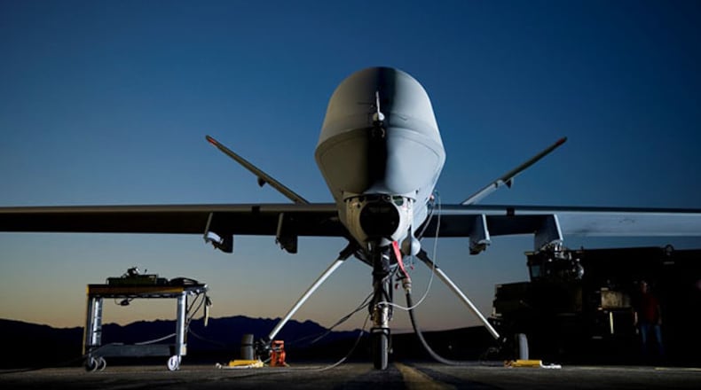 An MQ-9 Reaper unmanned aerial vehicle being re-fueled at Creech Air Force Base. U.S. Air Force photo