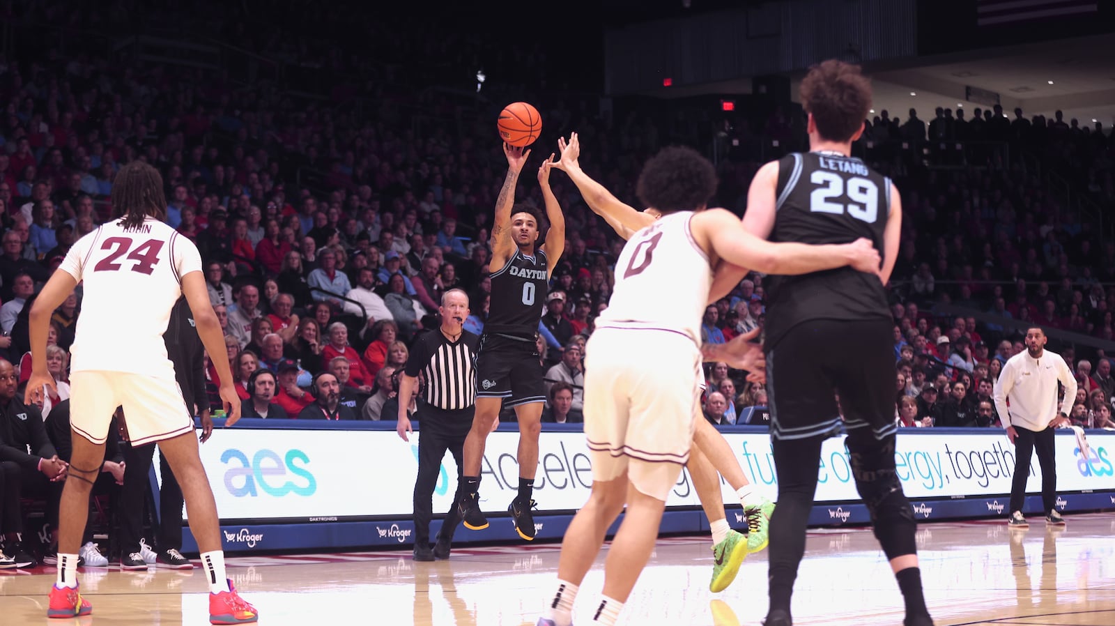 Dayton's Javon Bennett makes a 3-pointer in the second half against Loyola Chicago on Friday, Jan. 16, 2026, at UD Arena. David Jablonski/Staff