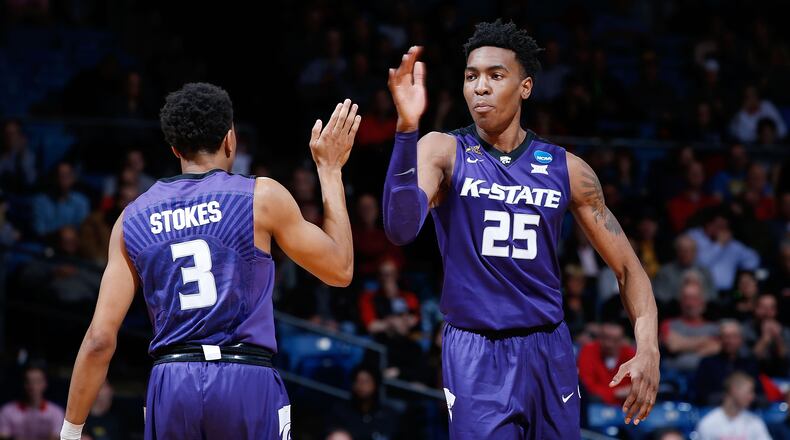 DAYTON, OH - MARCH 14: Kamau Stokes #3 of the Kansas State Wildcats high fives Wesley Iwundu #25 in the second half against the Wake Forest Demon Deacons during the First Four game in the 2017 NCAA Men’s Basketball Tournament at UD Arena on March 14, 2017 in Dayton, Ohio. (Photo by Joe Robbins/Getty Images)